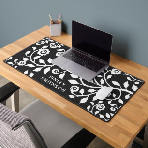   Add Name Floral Swirls Bold Boho Black and White Desk Mat