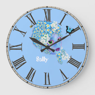 Add name Flower Fairy clock, girly pretty blue Large Clock