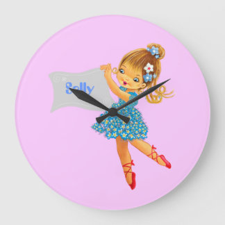 Add name Flower Fairy clock, girly pretty bluepink Large Clock