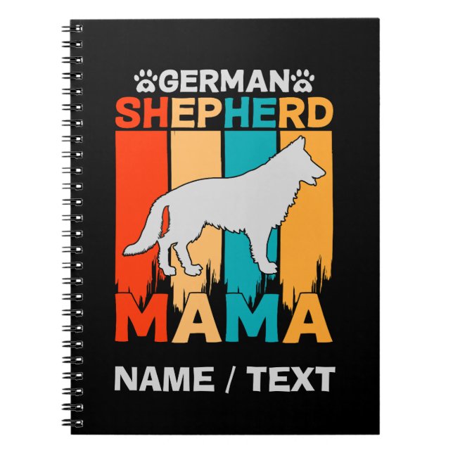 Add Name German Shepherd MAMA, Blue Brown on Black Notebook (Front)