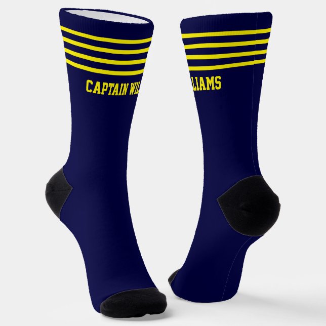 Add Name Gold Stripes on Navy Blue Socks (Angled)