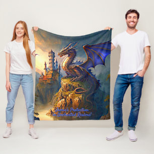 Add Name, Golden Blue Purple Dragon at Sunset Fleece Blanket