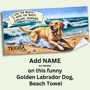 Add Name, Golden Labrador Dog Running in Waves Beach Towel