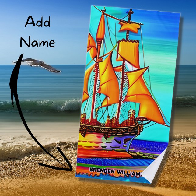 Add Name, Golden Sailing Ship Beach Towel (Creator Uploaded)