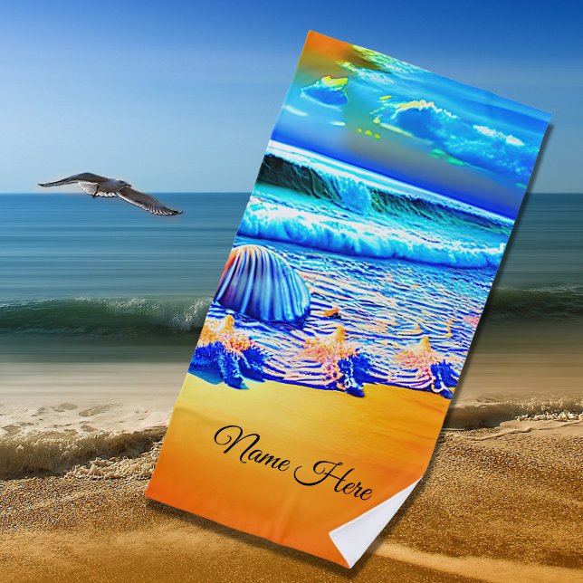 Add Name, Golden Sands Ocean Waves Sea Shells Blue Beach Towel (Creator Uploaded)