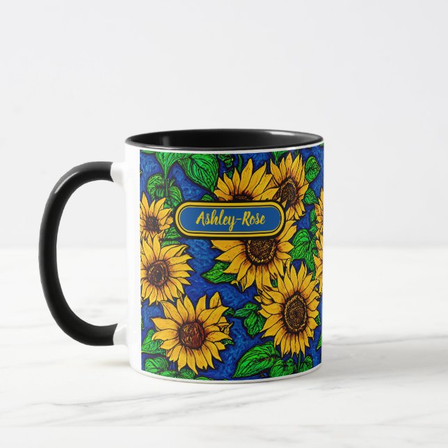 Add Name Golden Sunflowers & Leaves on Dark Blue Mug (Left)