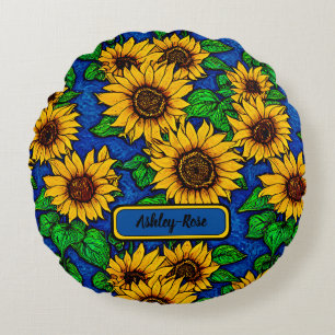Add Name Golden Sunflowers & Leaves on Dark Blue   Round Cushion