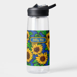 Add Name Golden Sunflowers & Leaves on Dark Blue   Water Bottle