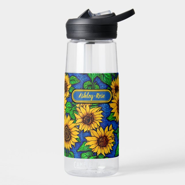Add Name Golden Sunflowers & Leaves on Dark Blue   Water Bottle (Left)