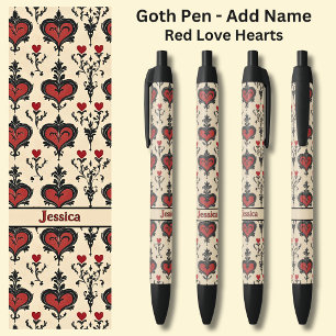 Add Name, Goth Gothic Red Valentines Love Hearts  Black Ink Pen