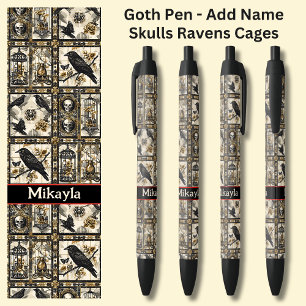 Add Name, Goth Gothic Skulls & Ravens on Black Pen