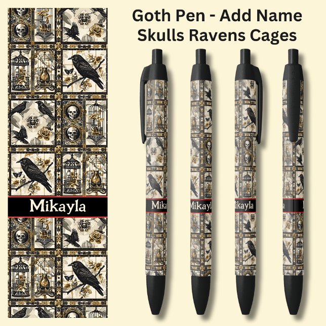 Add Name, Goth Gothic Skulls & Ravens on Black Pen (Creator Uploaded)