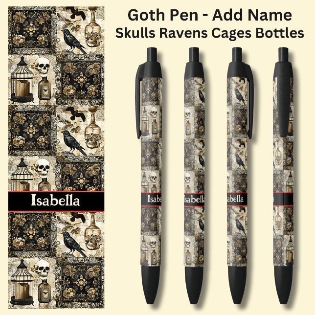 Add Name, Goth Skulls  Ravens Cages Bottles  Black Black Ink Pen (Creator Uploaded)