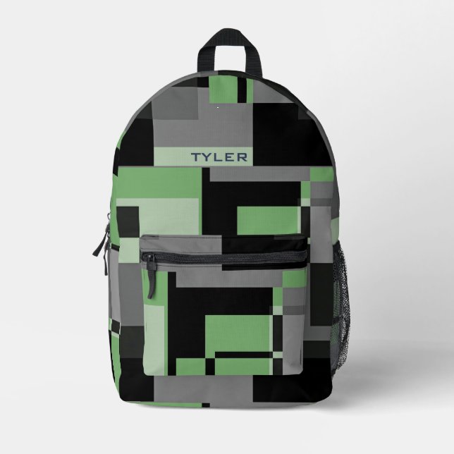  Add Name Green & Grey Abstract Modern Minimal Men Printed Backpack (Front)