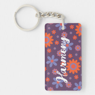 Add Name Happy Retro Flowers 70s Daisy Funny Cute Key Ring