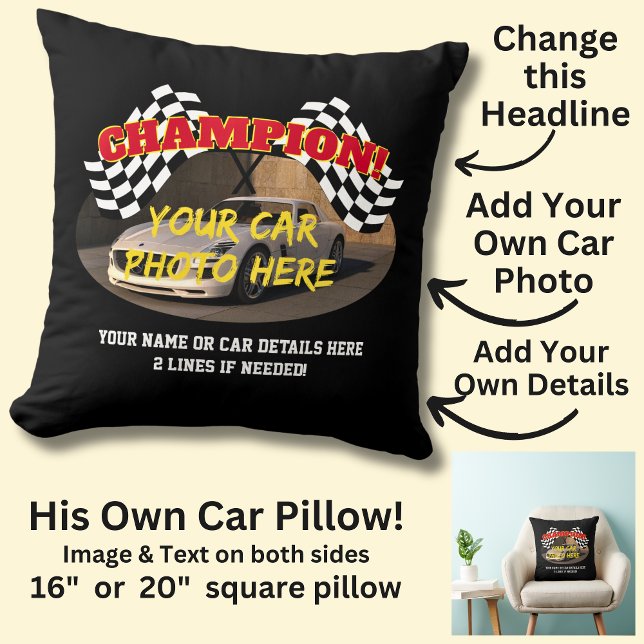 Add Name His Car Photo Text, Champion Winner Flag  Cushion (Creator Uploaded)