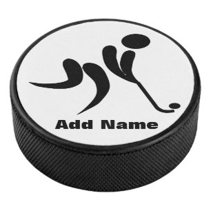 Add Name Hockey Player Stick Puck Black White