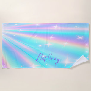 Add Name, Holographic Look Starburst Aqua Pink Beach Towel
