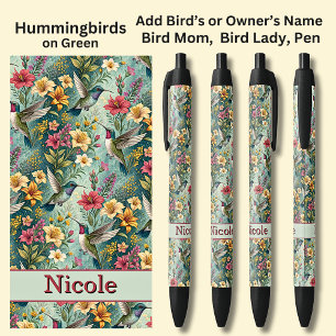 Add Name, Hummingbirds on Green Black Ink Pen