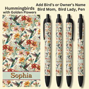 Add Name, Hummingbirds with Golden Flowers Black Ink Pen