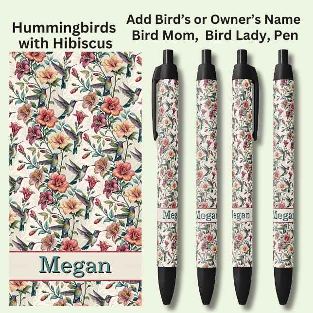 Add Name, Hummingbirds with Hibiscus Flowers Black Ink Pen (Creator Uploaded)