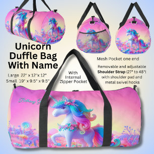 Add Name Initial, Pink & Aqua Unicorn Duffle Bag