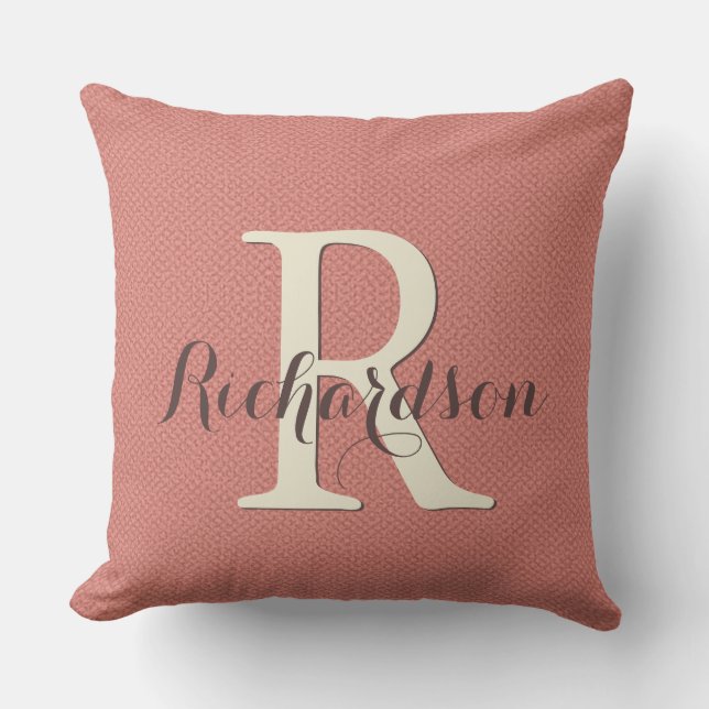 Add Name & Initial to Modern Coral & Brown Granite Cushion (Front)