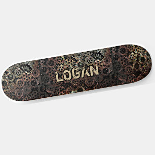 Add Name, Initials Brown Rusty Metal Look Gears  Skateboard