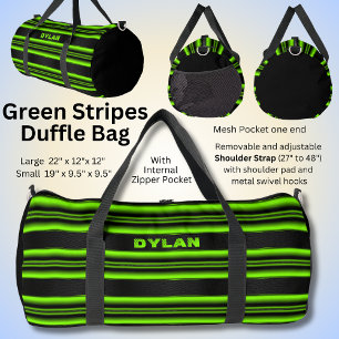 Add Name Initials Green Stripe Black Textured Look Duffle Bag