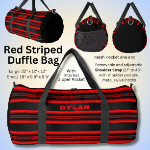 Add Name Initials Red Stripes Black Textured Look Duffle Bag