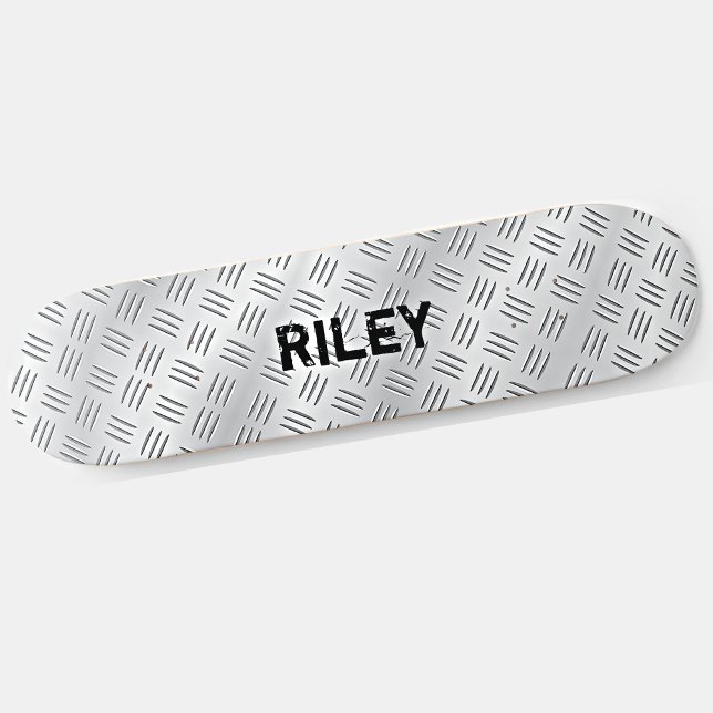 Add Name Initials Silver Grey Steel Chequered Plat Skateboard (Creator Uploaded)