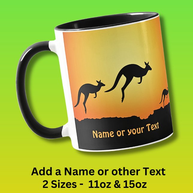 Add Name, Kangaroos at Sunset Dusk Gold on Black Mug (Creator Uploaded)