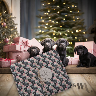 Add Name Labrador Puppy Pink Bows Christmas Wrapping Paper