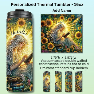 Add Name, Lady Reading in Glow with Sunflowers  Thermal Tumbler