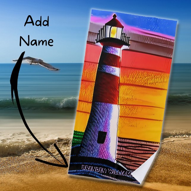 Add Name, Lighthouse at Sunset Beach Towel (Creator Uploaded)