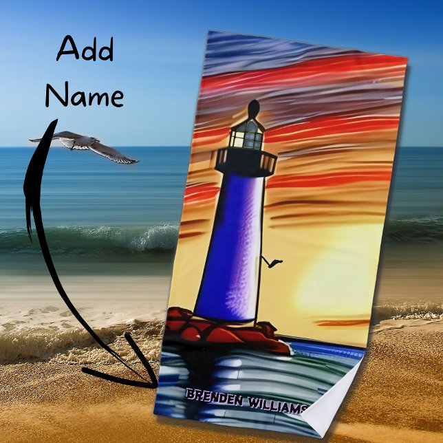 Add Name, Lighthouse at Sunset Over the Ocean Beach Towel (Creator Uploaded)