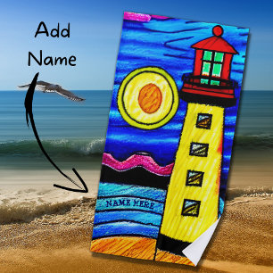 Add Name, Lighthouse in the Sun, Red Yellow Blue B Beach Towel