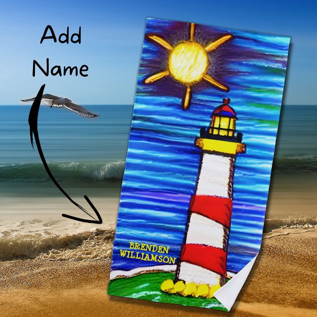 Add Name, Lighthouse in the Sun, Red Yellow Blue  Beach Towel (Creator Uploaded)