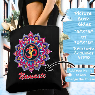 Add Name,, Mandala with OM symbol on a Black  Tote Bag