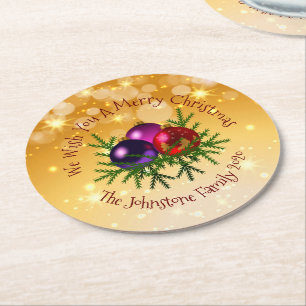 Add Name Matching Christmas on Gold Round Paper Coaster