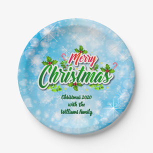 Add Name Matching Merry Christmas Blue 7" Paper Plate