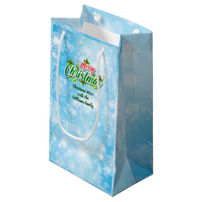 Add Name Matching Merry Christmas Blue Small Gift  Bag (Front Angled)