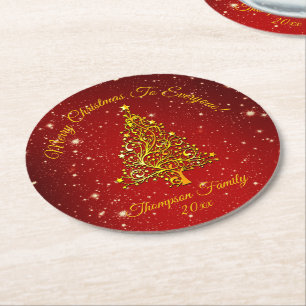 Add Name Matching Set Christmas Red Gold Tree Star Round Paper Coaster
