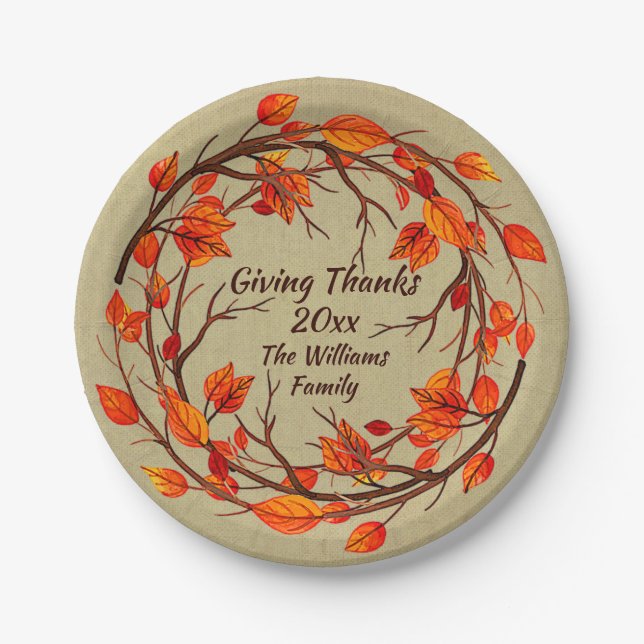 Add Name Matching Thanksgiving Autumn 7" Paper Pla Paper Plate (Front)
