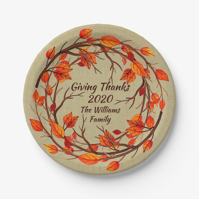 Add Name Matching Thanksgiving Autumn 7" Paper Plate (Front)