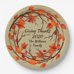 Add Name Matching Thanksgiving Autumn 9" Paper Plate