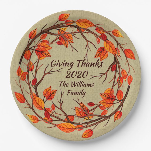Add Name Matching Thanksgiving Autumn 9" Paper Plate (Front)