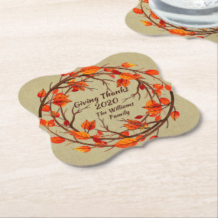 Add Name Matching Thanksgiving Autumn Bracket Paper Coaster