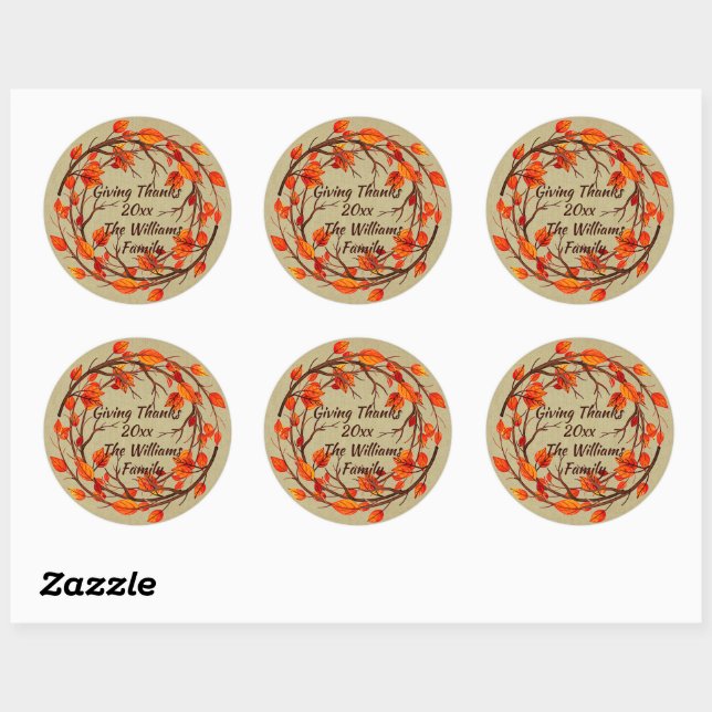 Add Name Matching Thanksgiving Autumn Leaf Classic Round Sticker (Sheet)