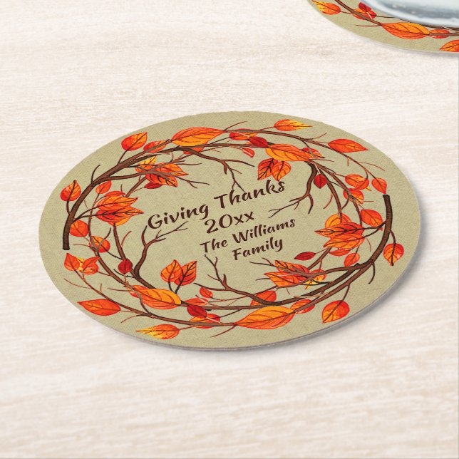 Add Name Matching Thanksgiving Autumn Round Paper  Round Paper Coaster (Angled)